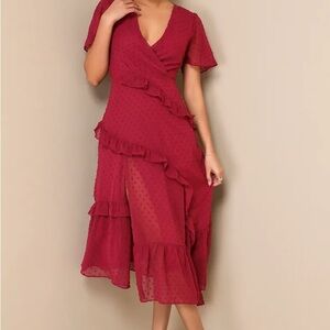 Elegant Lulus Next to You Plum Swiss Dot Ruffled Midi Dress